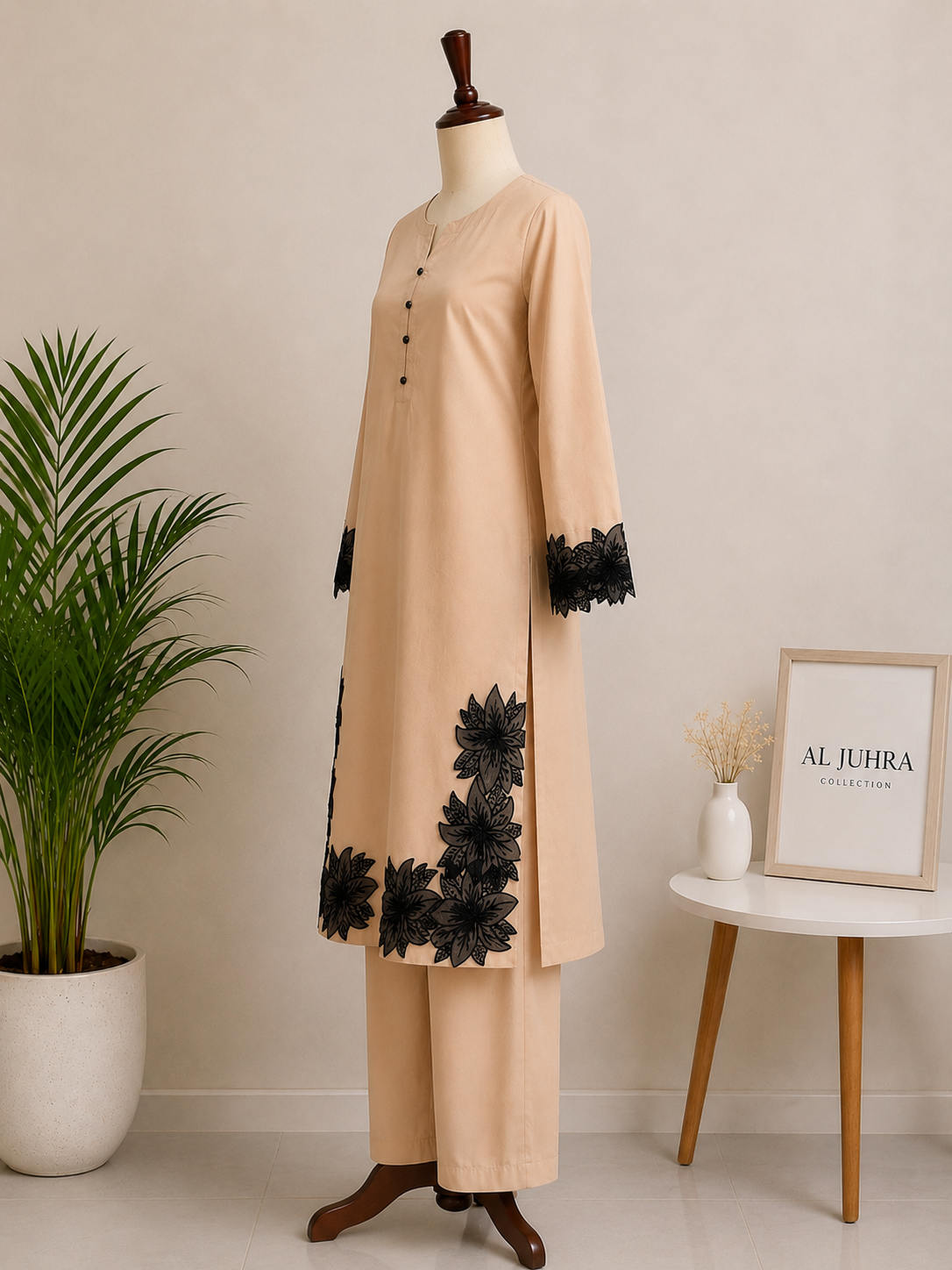 2 Piece Beige Embroidered Suit – Floral Lace Kurta with Trouser