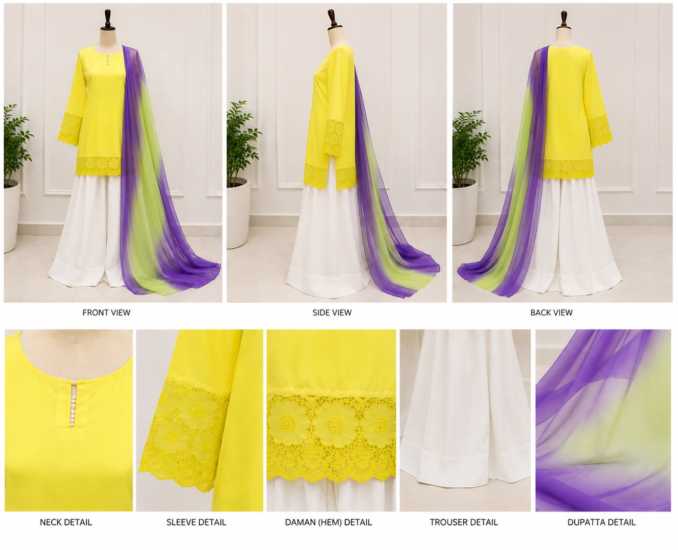 Lemon Yellow 3 Piece Lawn Cotton Suit with White Farshi Trouser & Lavender Pista Ombre Chiffon Dupatta | Al Juhra