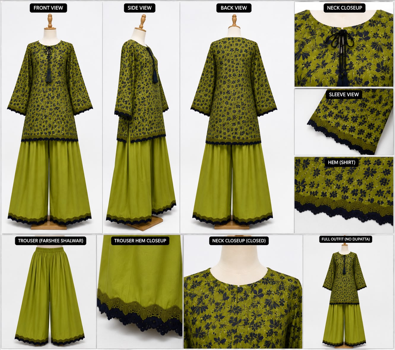 2 Piece Printed Lawn Cotton Suit with Farshi Shalwar – Olive Green
