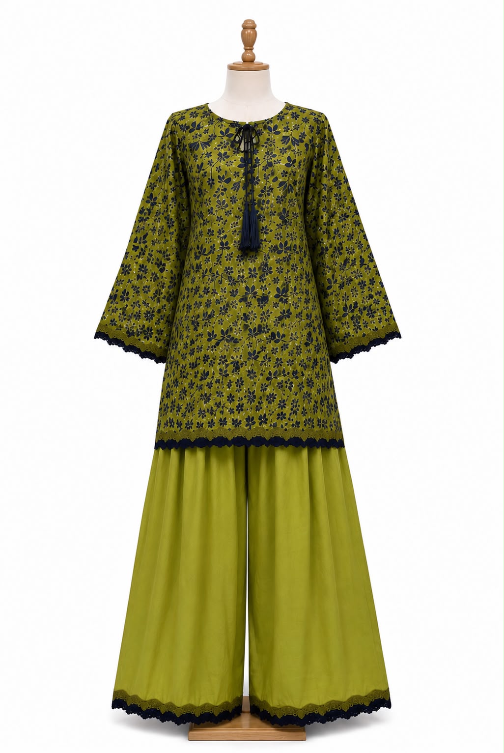 2 Piece Printed Lawn Cotton Suit with Farshi Shalwar – Olive Green