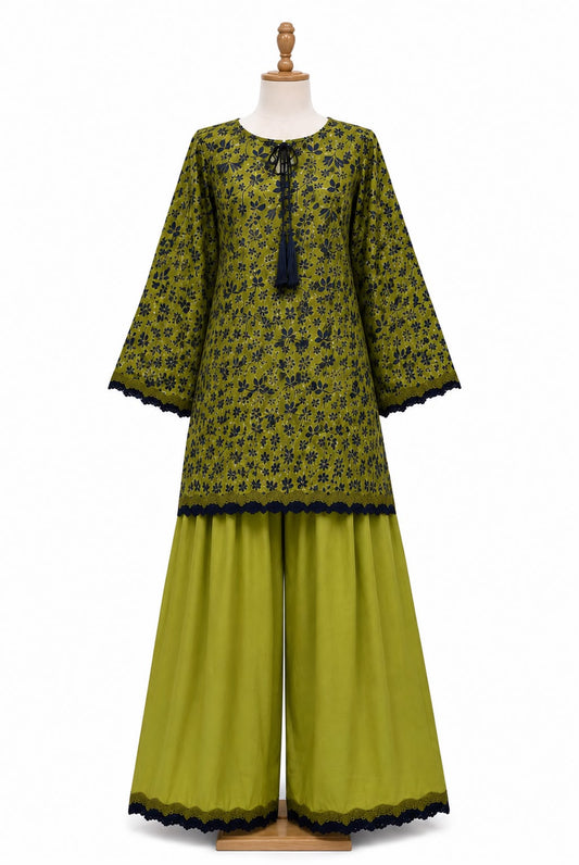 2 Piece Printed Lawn Cotton Suit with Farshi Shalwar – Olive Green