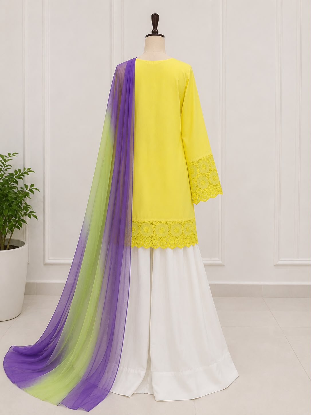 Lemon Yellow 3 Piece Lawn Cotton Suit with White Farshi Trouser & Lavender Pista Ombre Chiffon Dupatta | Al Juhra