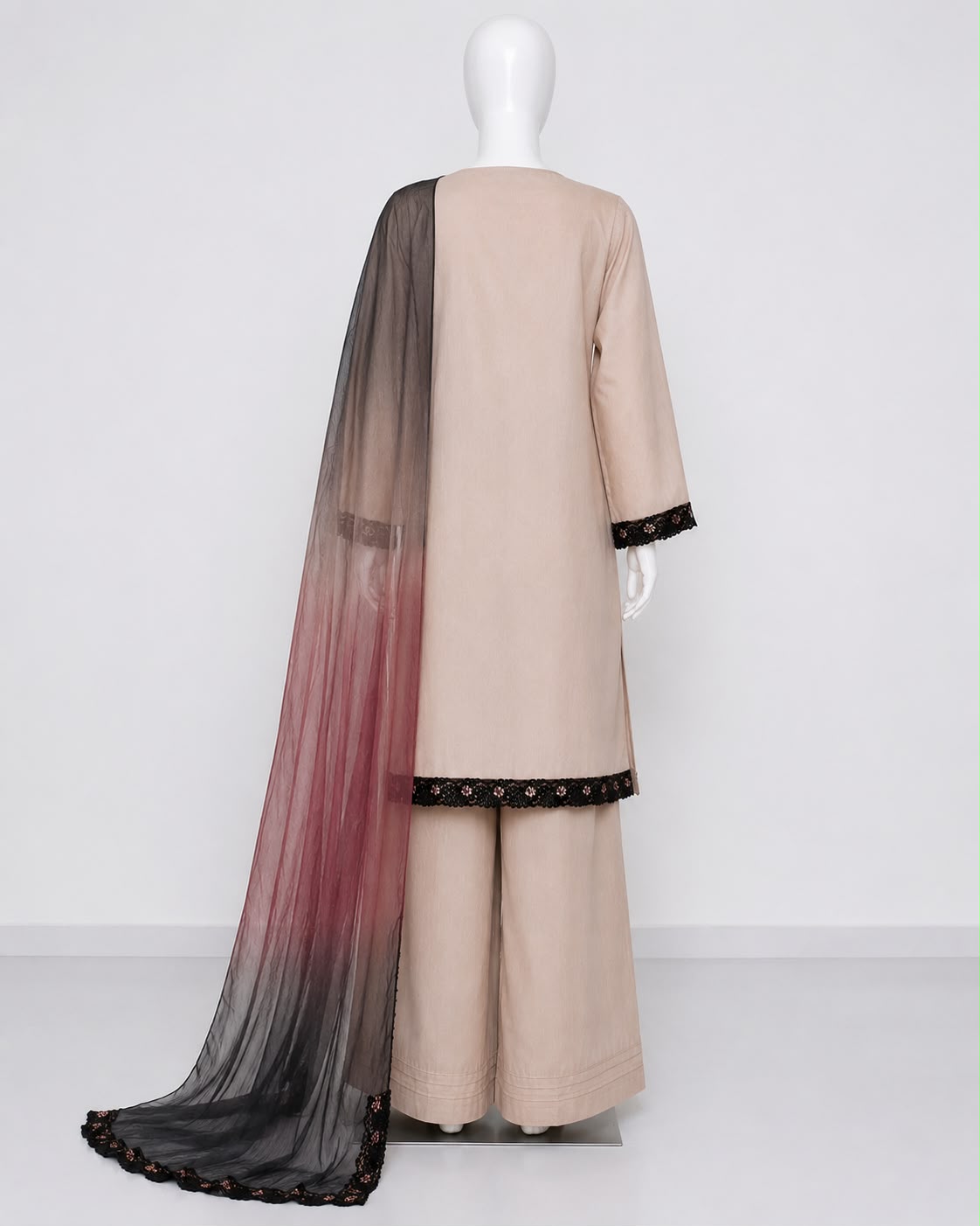 Women’s Beige Embroidered 3 Piece Pret Suit with Black Organza Dupatta