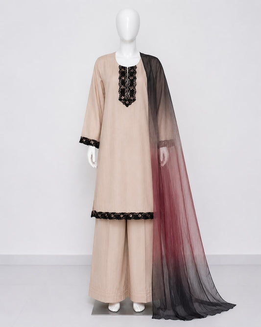 Women’s Beige Embroidered 3 Piece Pret Suit with Black Organza Dupatta