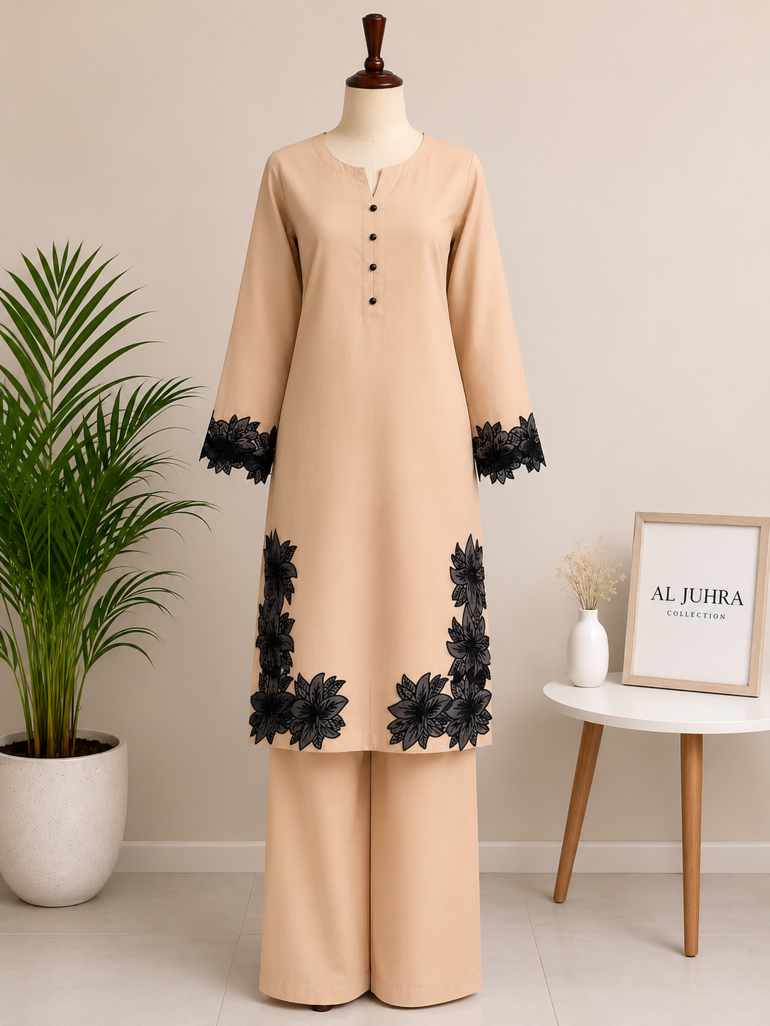 2 Piece Beige Embroidered Suit – Floral Lace Kurta with Trouser