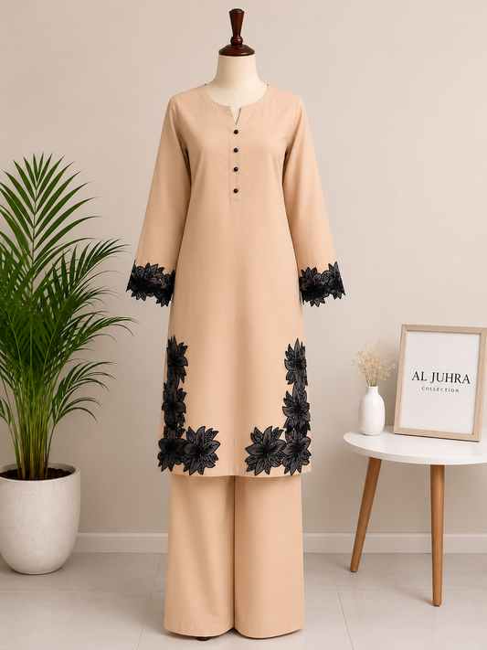 2 Piece Beige Embroidered Suit – Floral Lace Kurta with Trouser