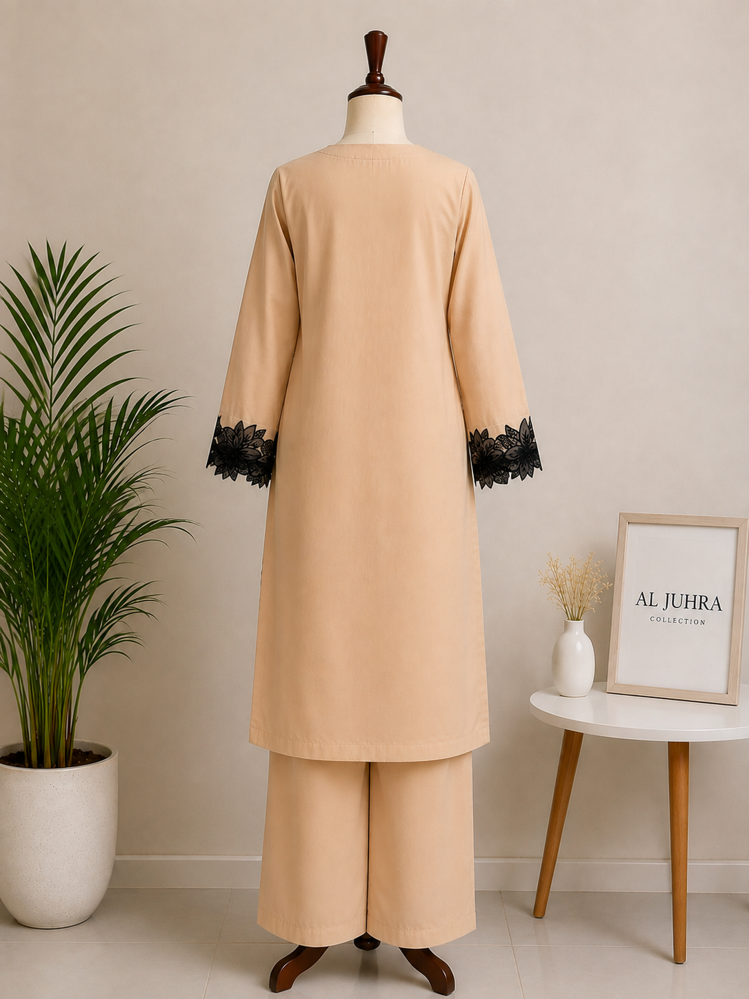 2 Piece Beige Embroidered Suit – Floral Lace Kurta with Trouser
