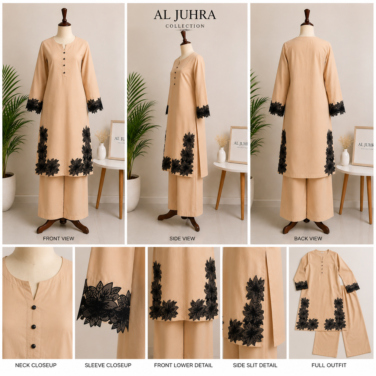 2 Piece Beige Embroidered Suit – Floral Lace Kurta with Trouser
