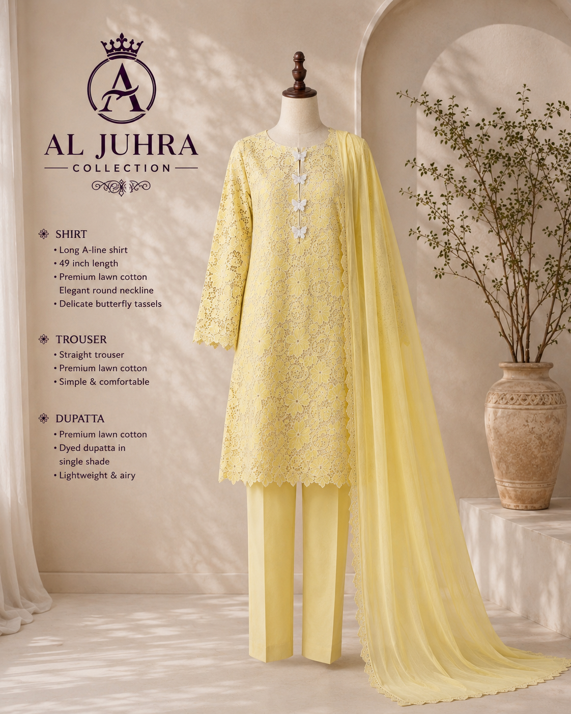 3 Piece Yellow Floral Lace Suit – Al Juhra Collection