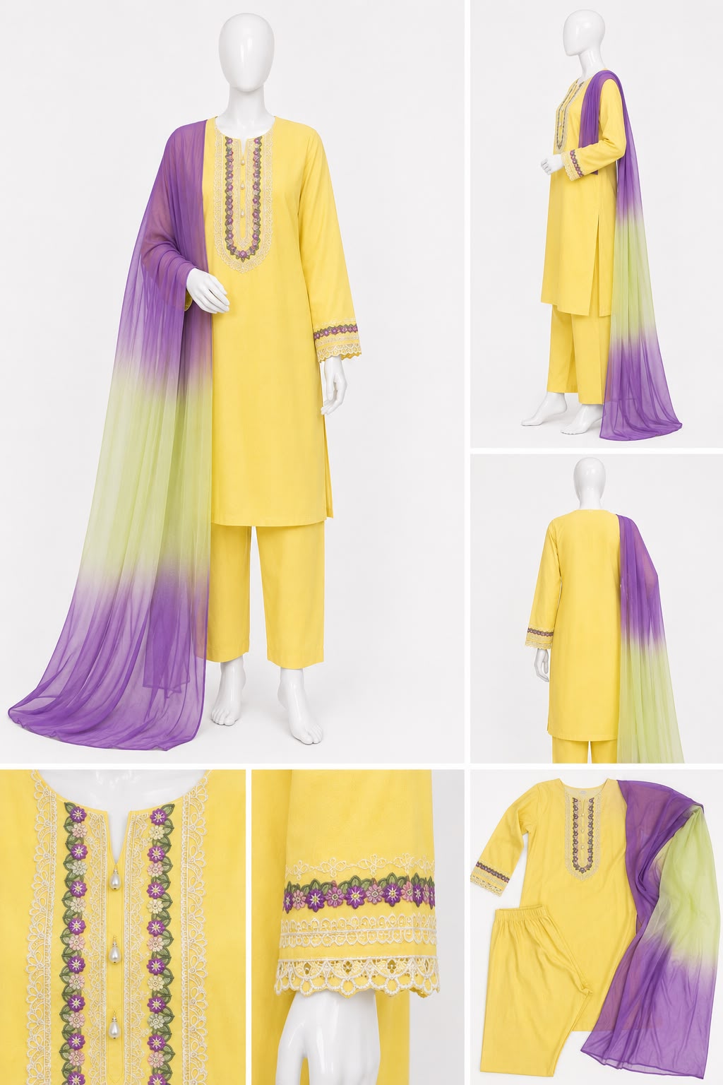 Butter Yellow Embroidered 3-Piece Pret Suit with Ombre Lavender & Pista Chiffon Dupatta