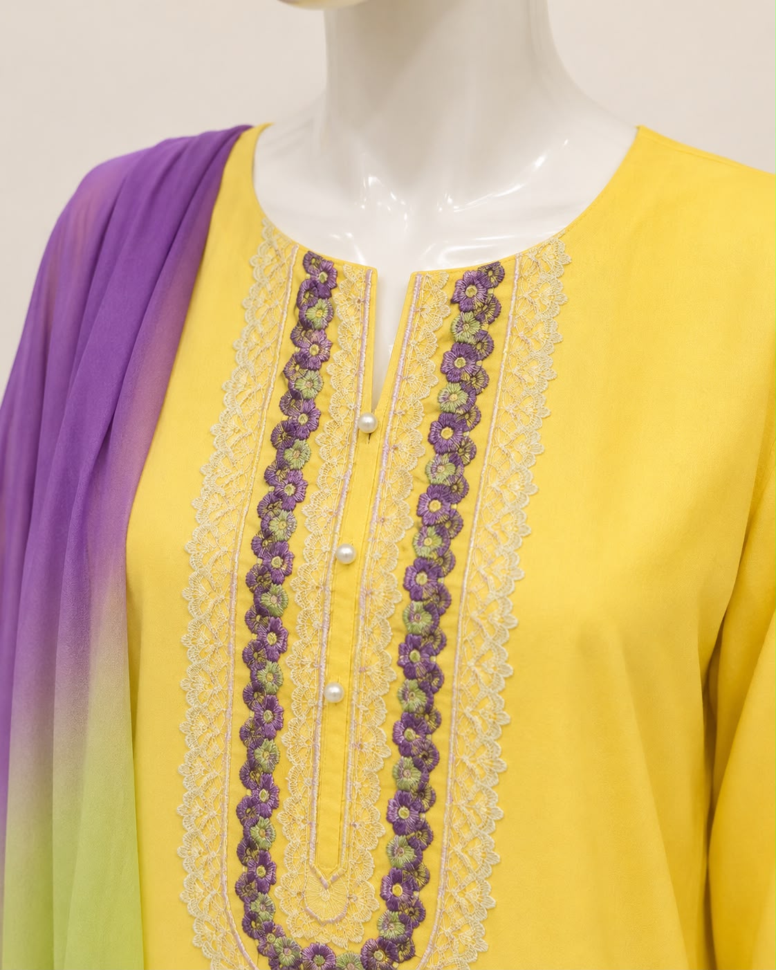 Butter Yellow Embroidered 3-Piece Pret Suit with Ombre Lavender & Pista Chiffon Dupatta
