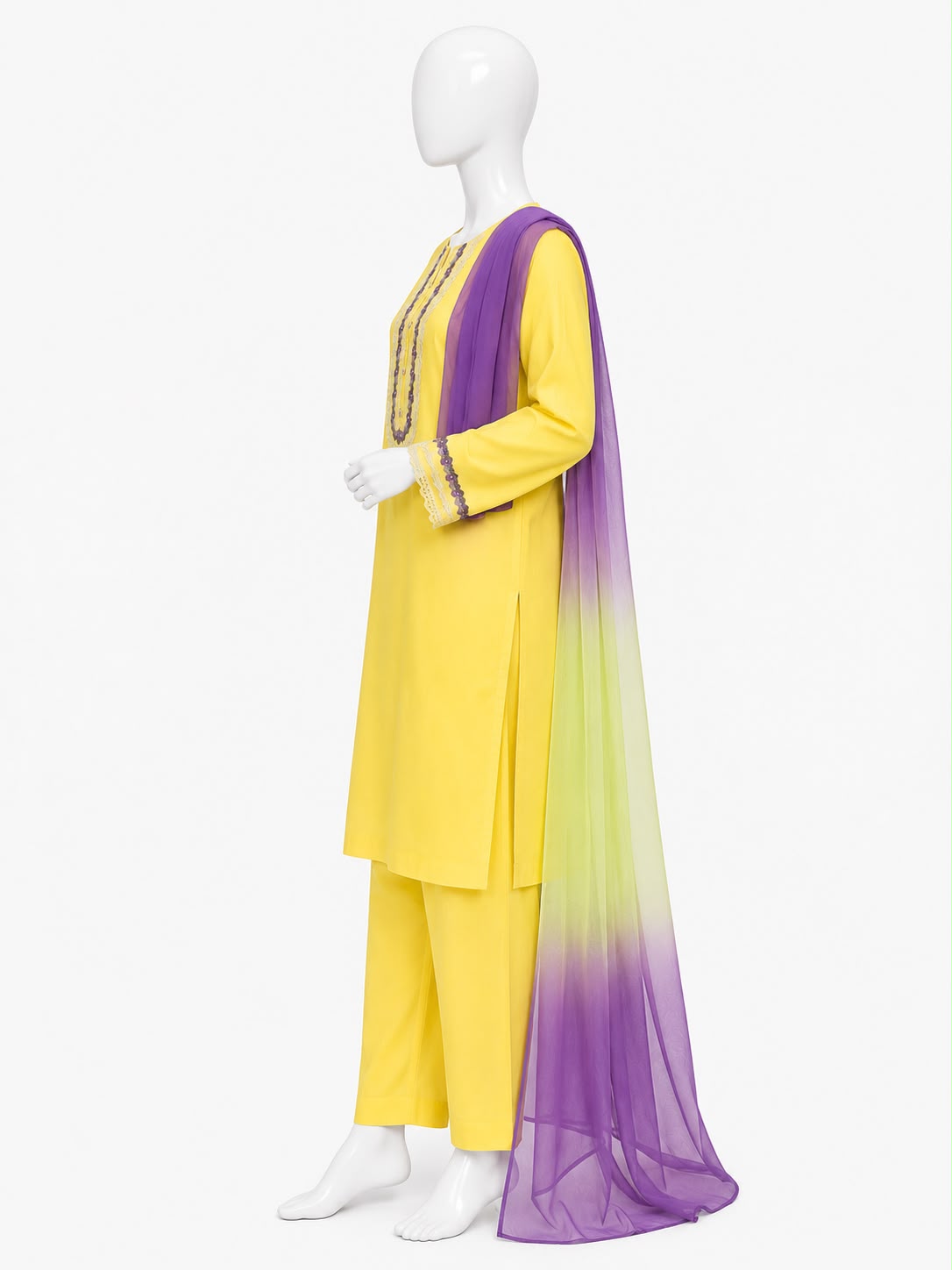 Butter Yellow Embroidered 3-Piece Pret Suit with Ombre Lavender & Pista Chiffon Dupatta