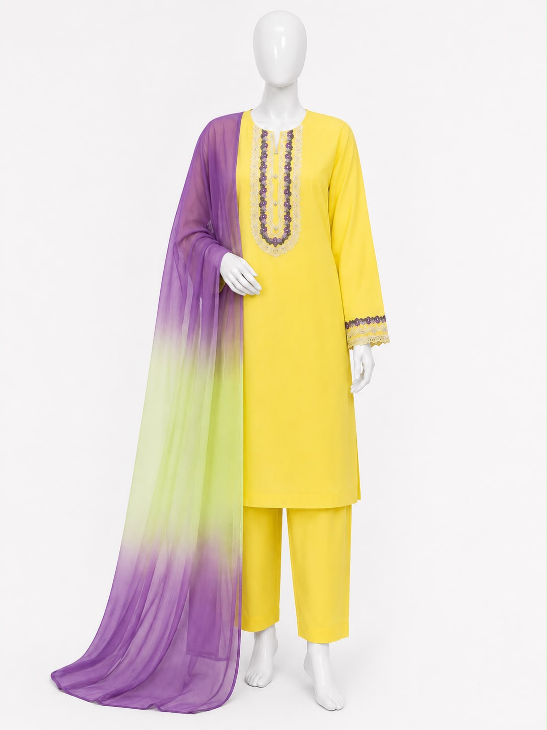 Butter Yellow Embroidered 3-Piece Pret Suit with Ombre Lavender & Pista Chiffon Dupatta