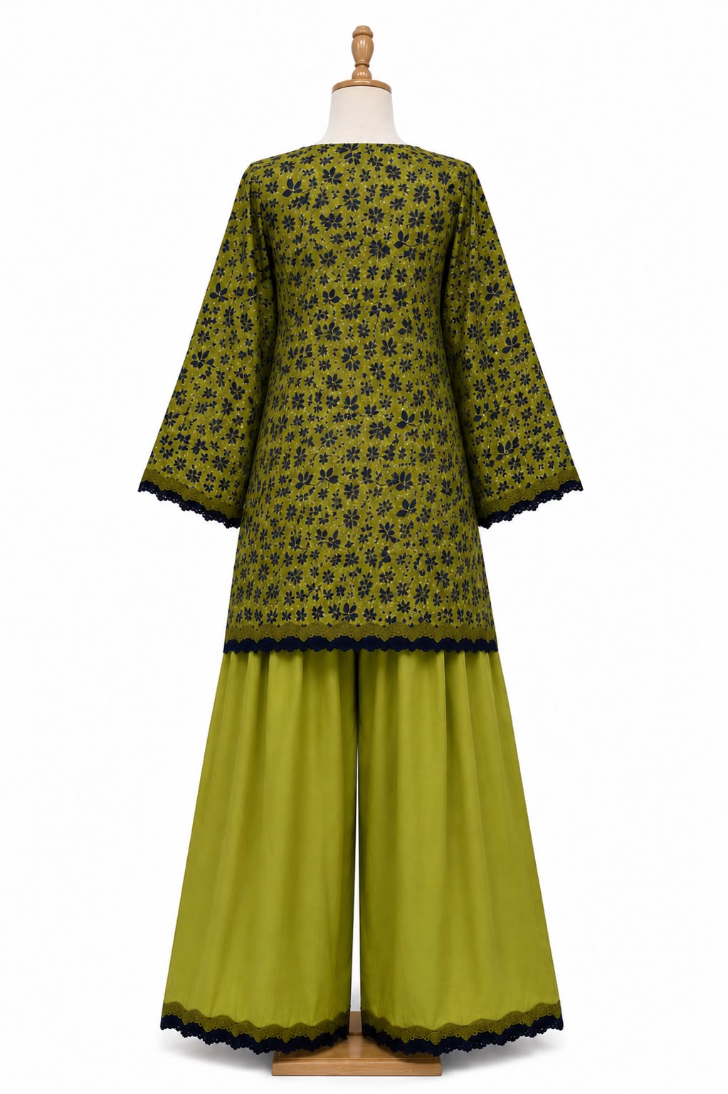 2 Piece Printed Lawn Cotton Suit with Farshi Shalwar – Olive Green