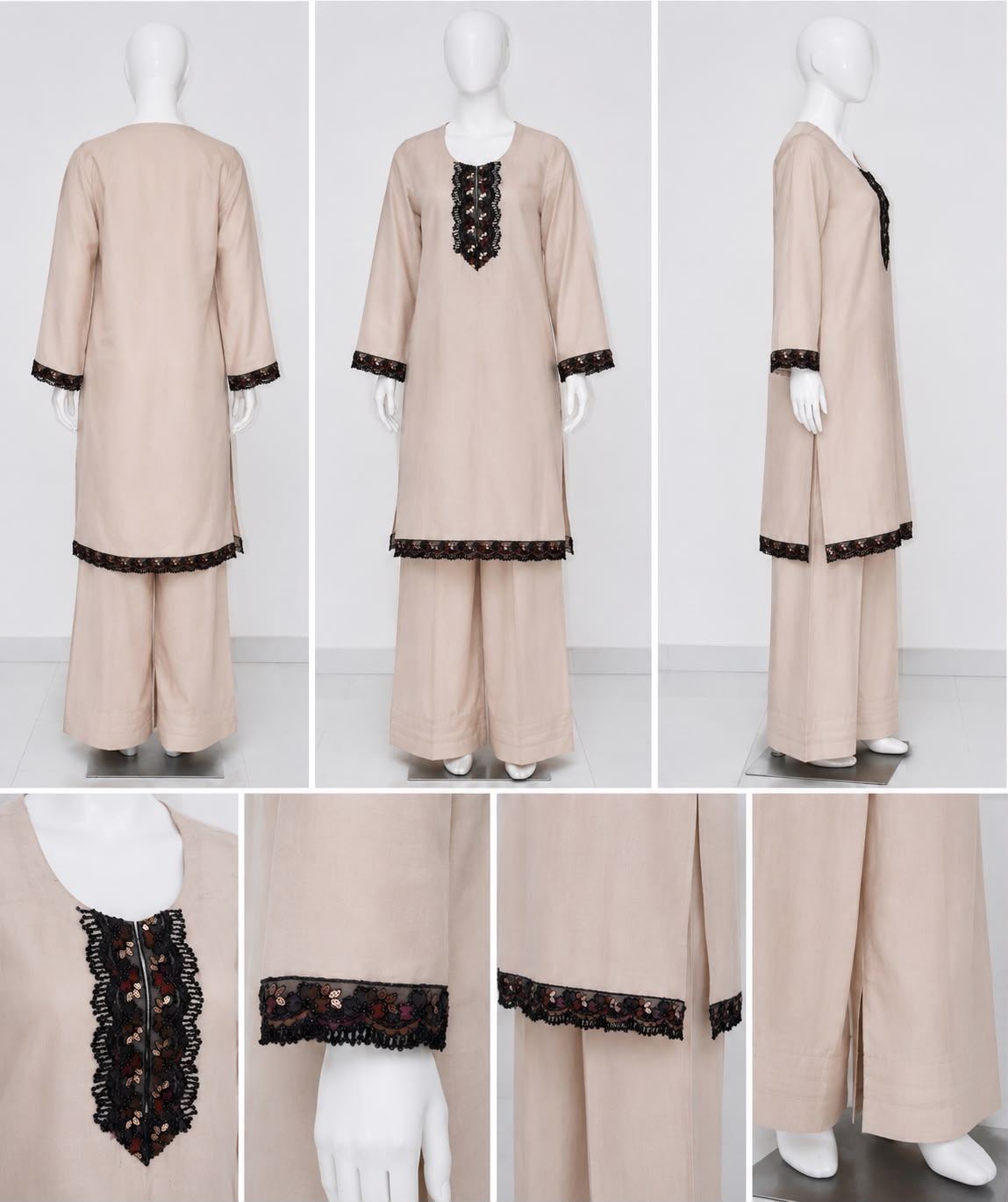 Women’s Beige Embroidered 3 Piece Pret Suit with Black Organza Dupatta