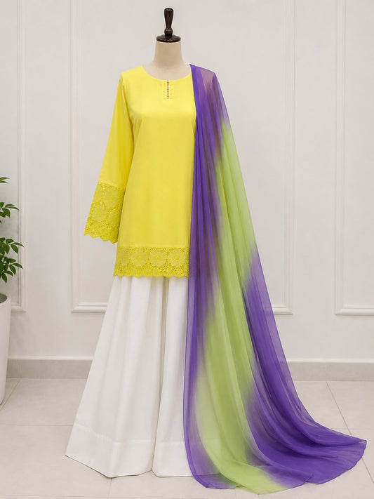 Lemon Yellow 3 Piece Lawn Cotton Suit with White Farshi Trouser & Lavender Pista Ombre Chiffon Dupatta | Al Juhra
